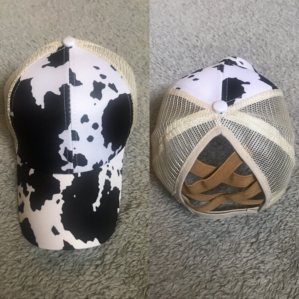 Crisscross ponytail hat Cow hide print